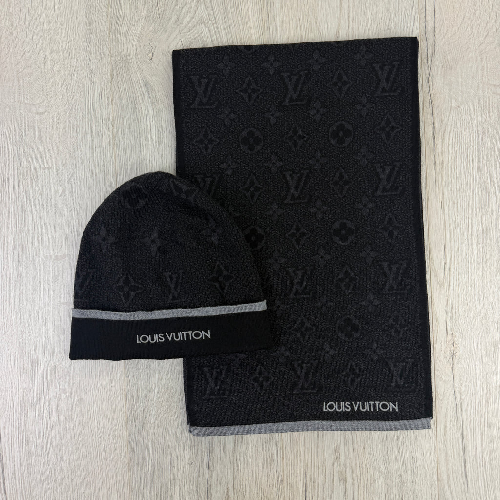 Louis Vuitton Men’s Black Monogram Beanie & Scarf Set