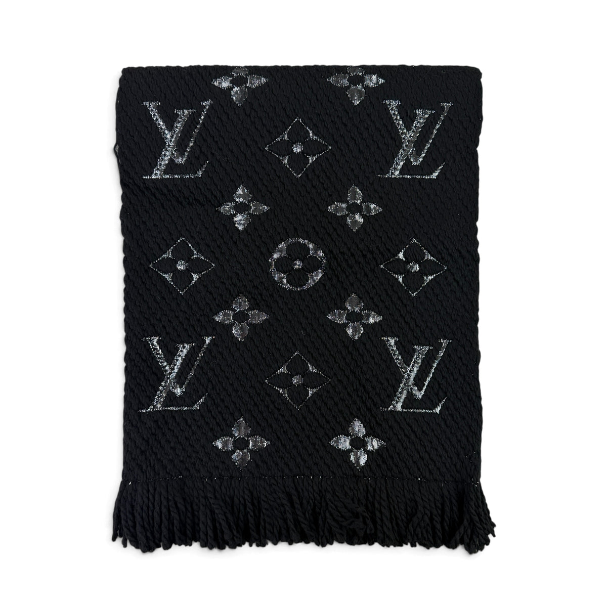 Louis Vuitton Black / Silver Wool & Silk Monogram Scarf