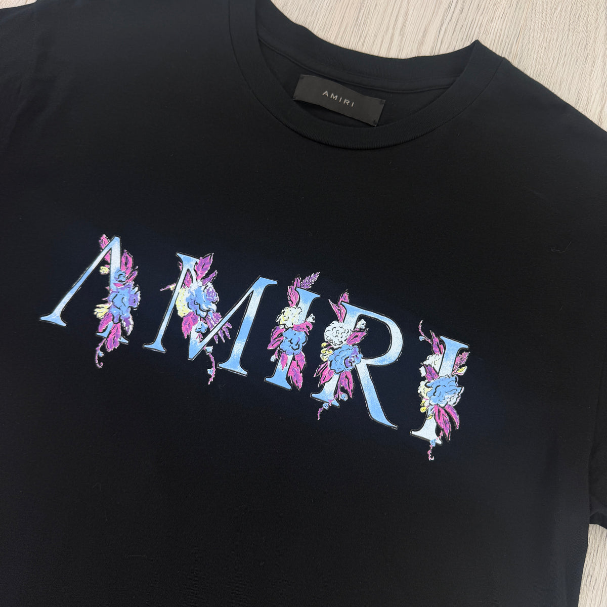 Amiri Men’s Black T-shirt Blue Logo - Medium