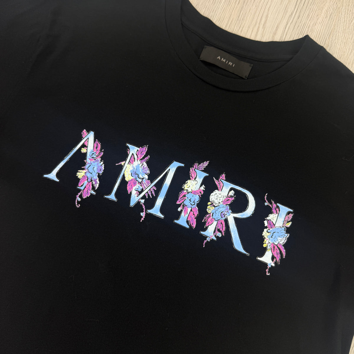 Amiri Men’s Black T-shirt Blue Logo - Medium