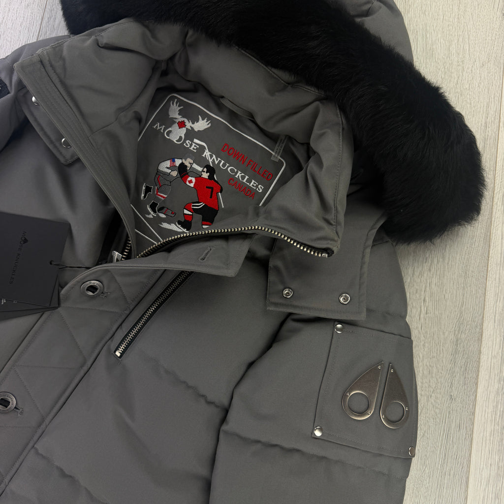 Moose Knuckles Men’s Grey Fur-Trim 3Q Down Jacket - Small
