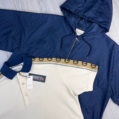 Gucci Men’s Beige Polo With Interlocking G Stripe - Large