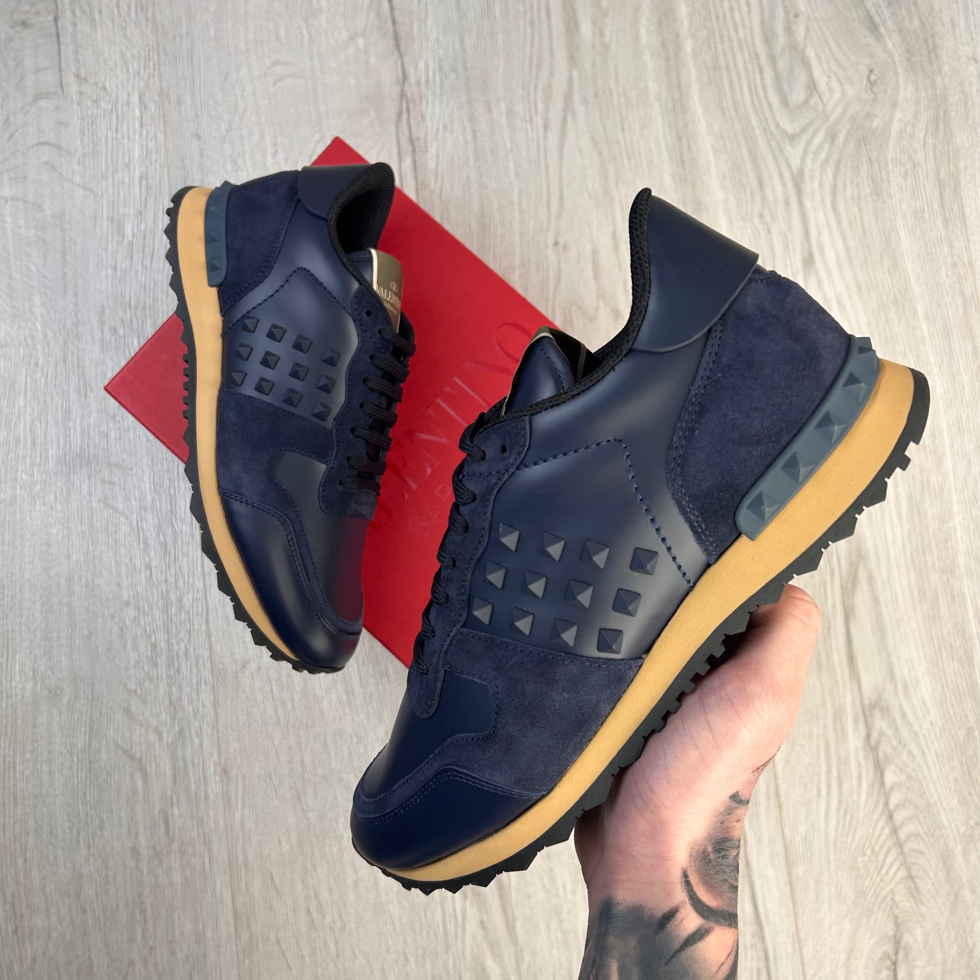 Valentino Men s Navy Leather Rockstud Trainers