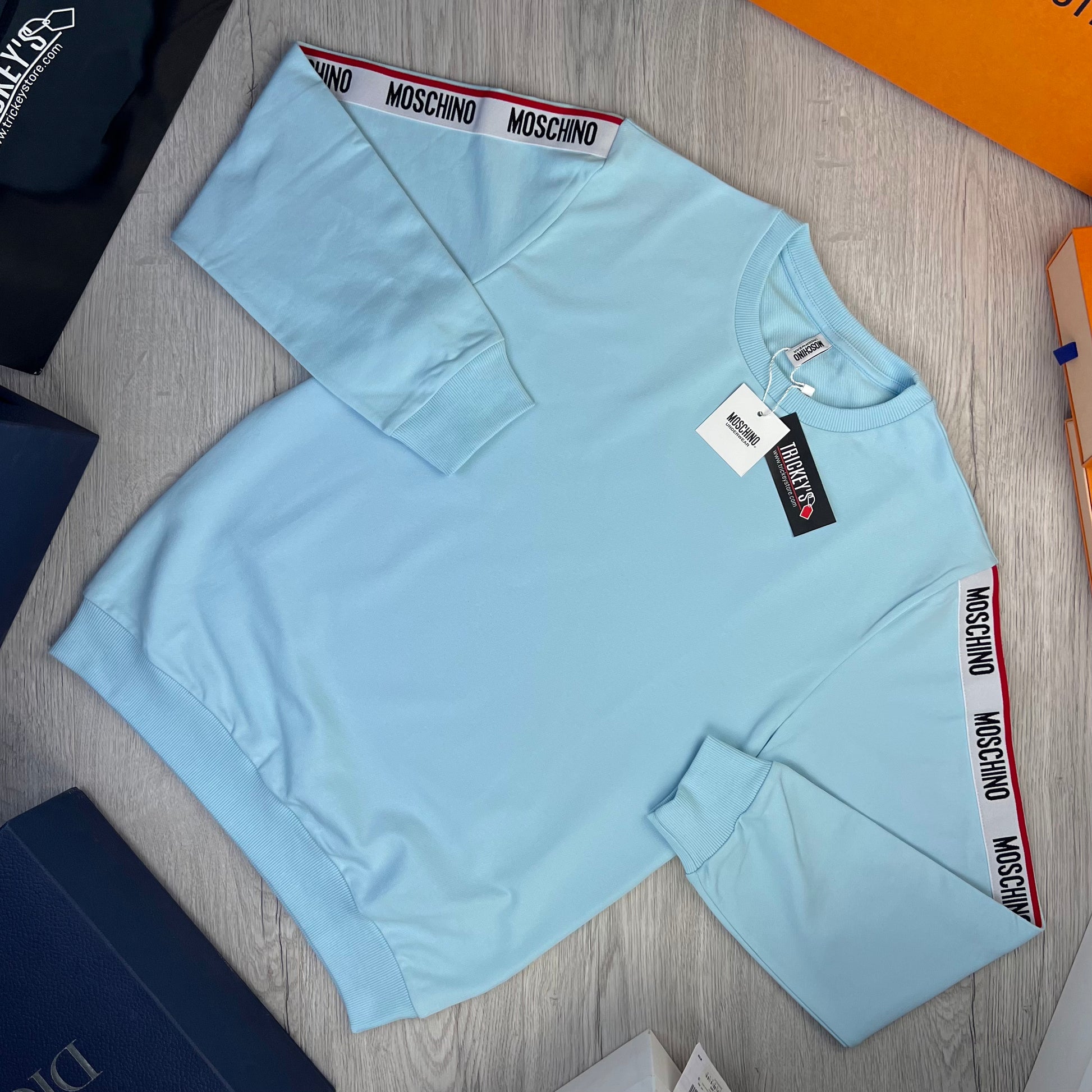 Moschino Men s Sky Blue Crewneck Jumper Medium Trickey.store